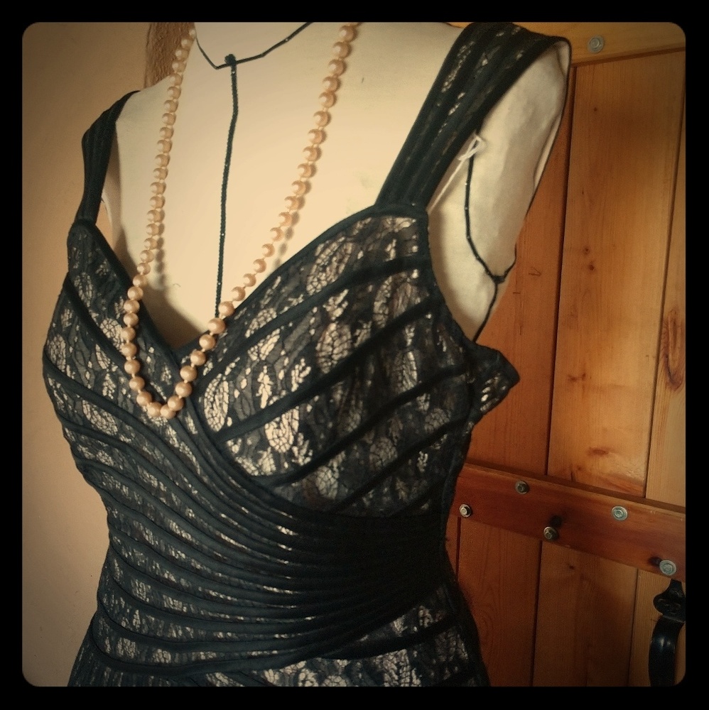 Black and cream lace formal gown dress